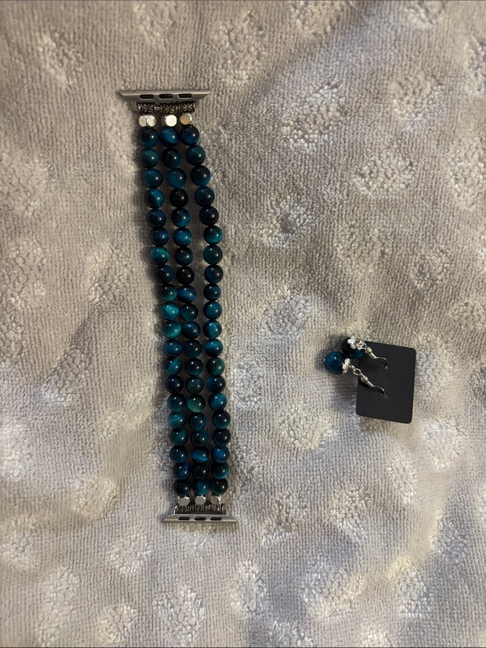 Apple Watch Band Blue Tiger EyeBeaded Triple-Strand w/ Matching Earrings